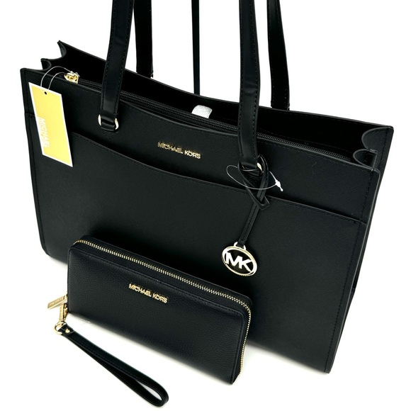 Michael Kors Large MF Pocket Shoulder Tote Bag & Continental Wallet Black/Gold - Picture 12 of 15